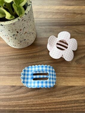 Pink and Blue Gingham Flat Hair Clip Bundle